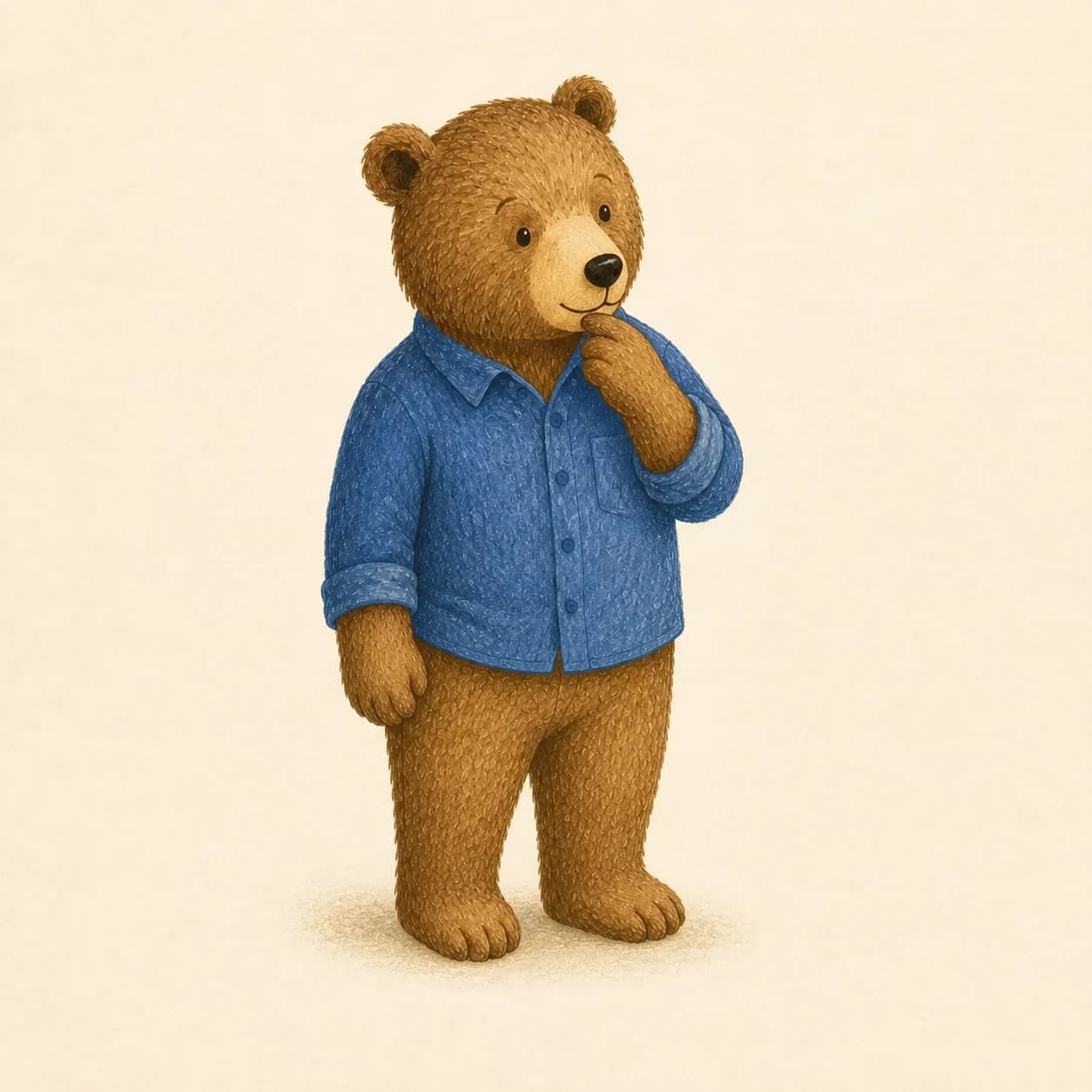 A brown bear pausing thoughtfully with a paw at its chin.
