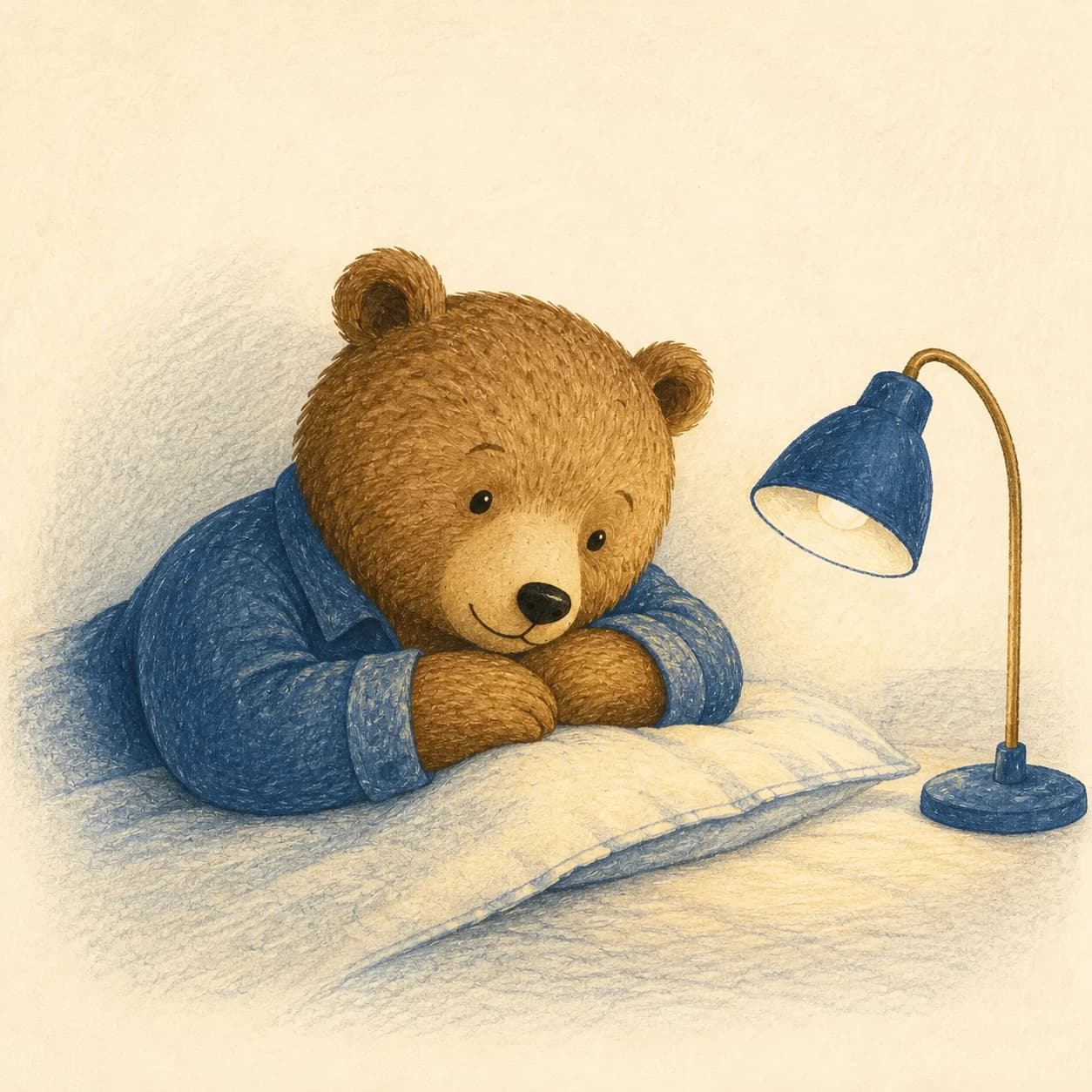 A brown bear in a blue shirt resting beside a desk lamp.