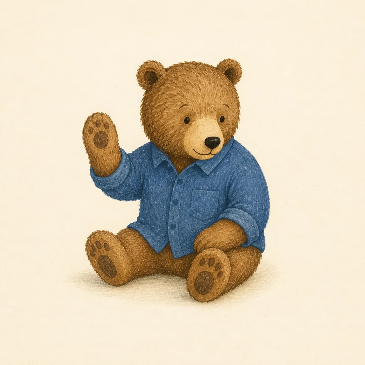 Done Bear in a blue shirt, illustrated in coloured pencil