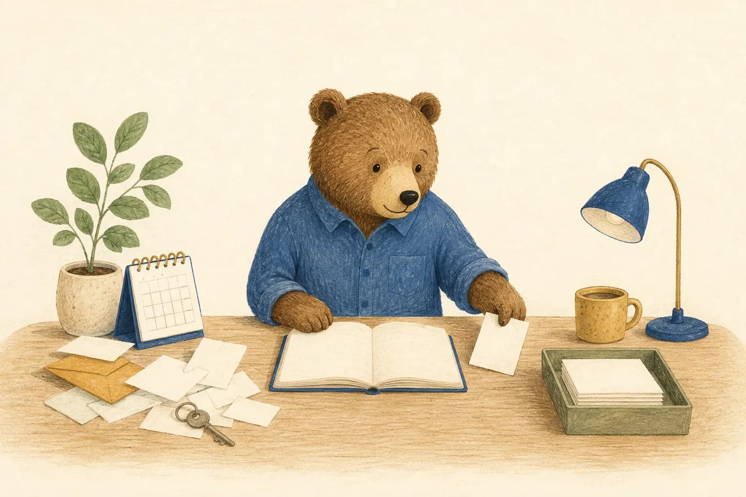 A brown bear organising notes and a notebook at a desk.