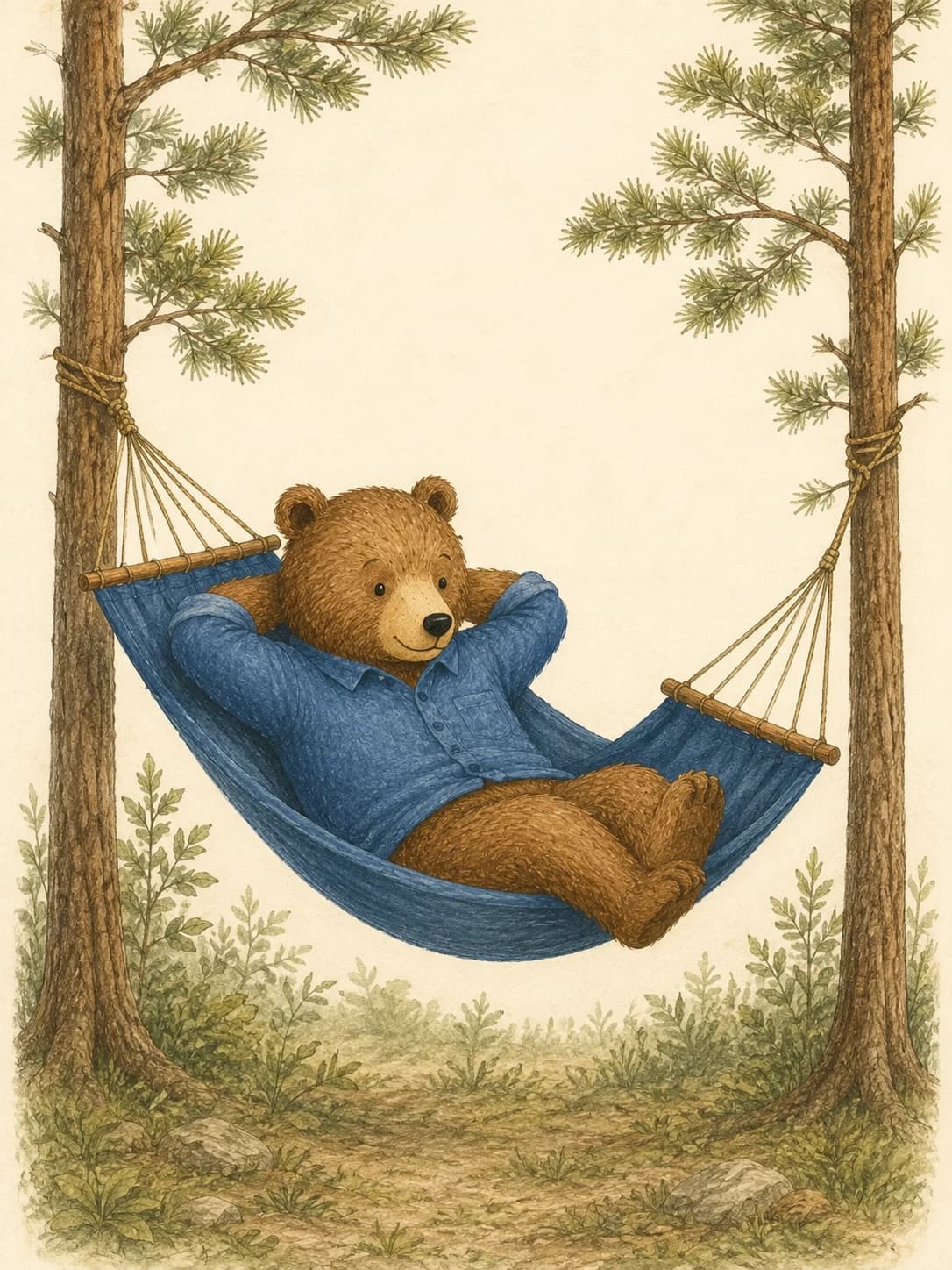 The Done Bear character napping in a hammock between pine trees