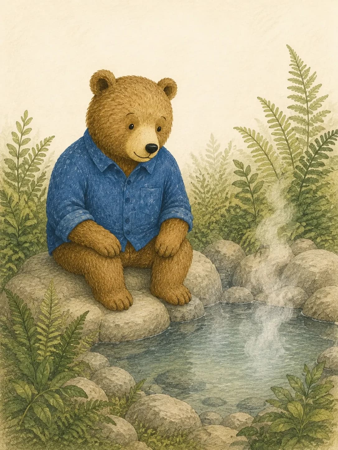 The Done Bear character resting beside a hot spring in a ferny clearing