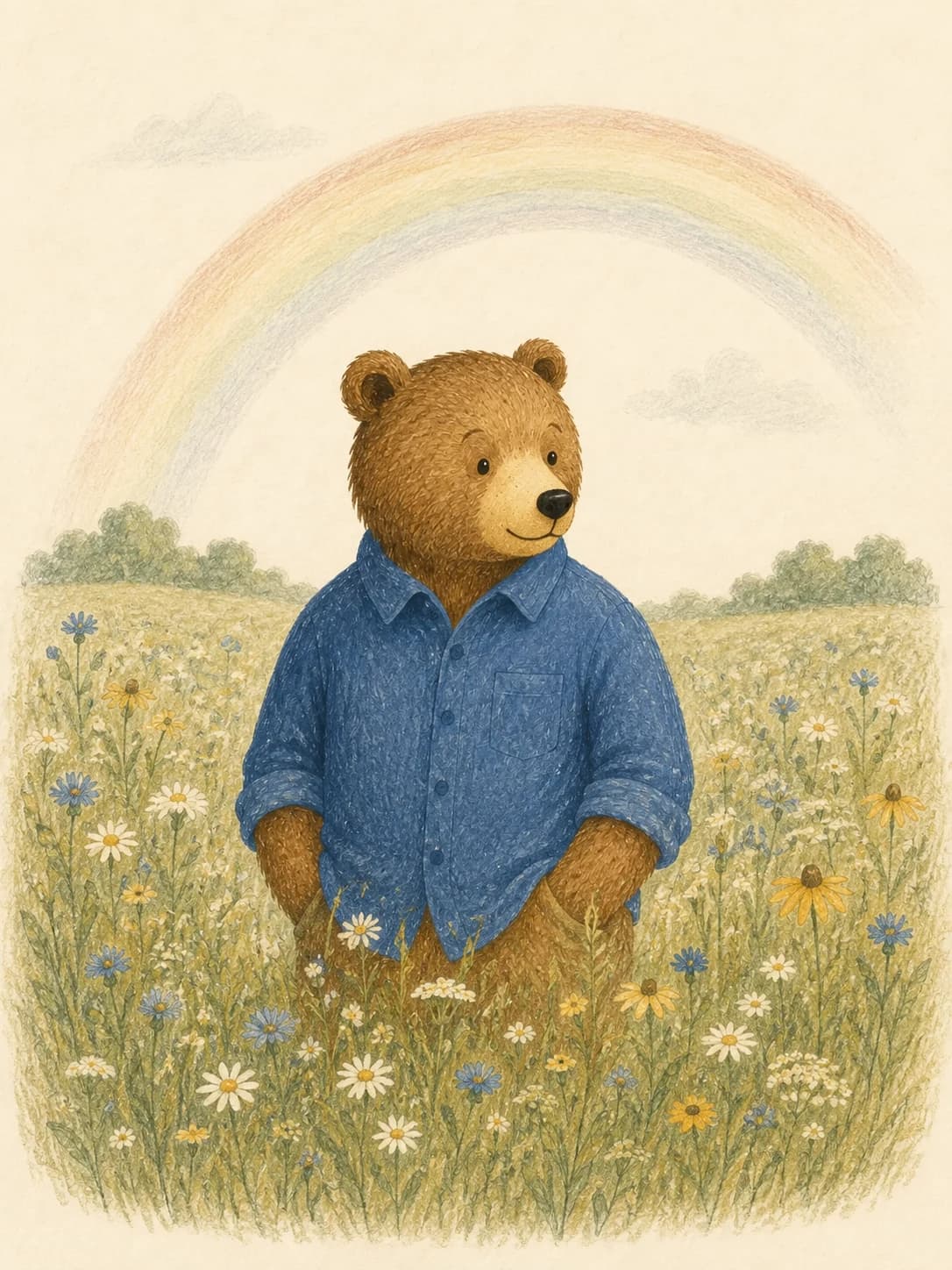 The Done Bear character in a wildflower meadow beneath a rainbow