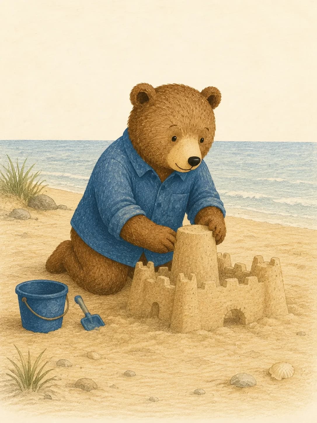 The Done Bear character building a sandcastle on a quiet beach